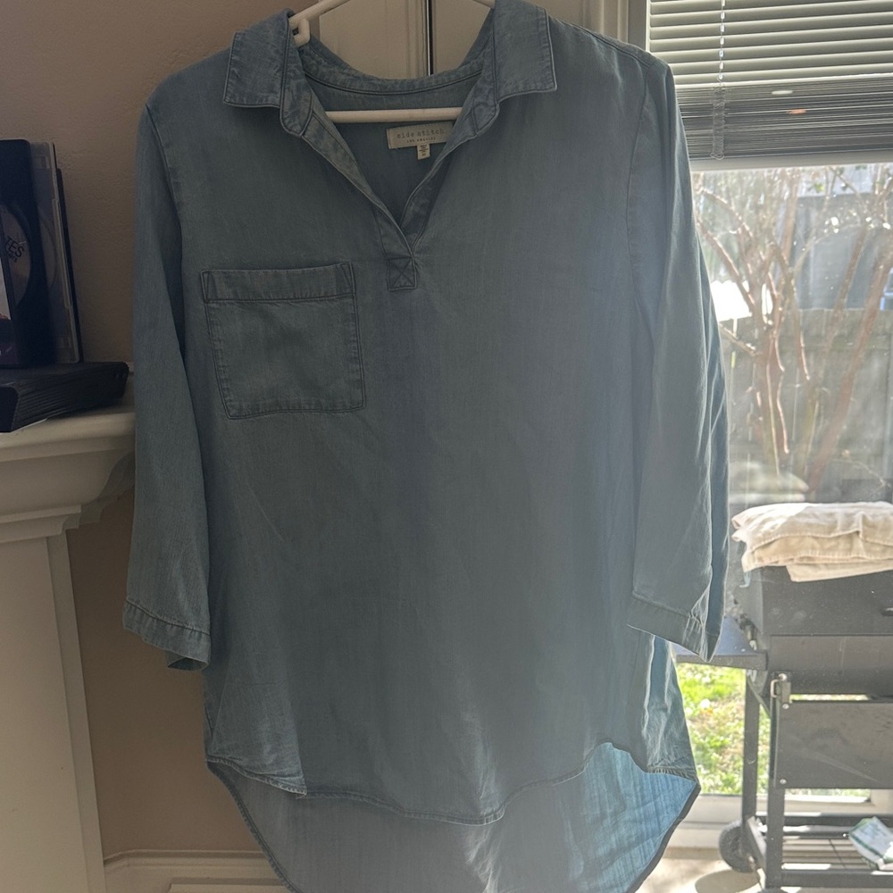 Side Stitch 100% Lyocell Light Blue Bracelet Length Sleeve Shirt